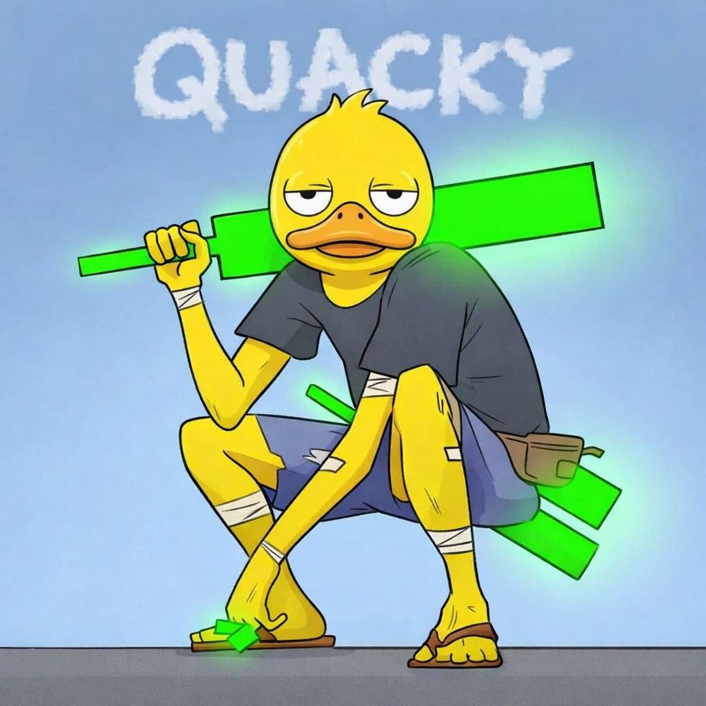 QUACKY holding a green candle like a bat