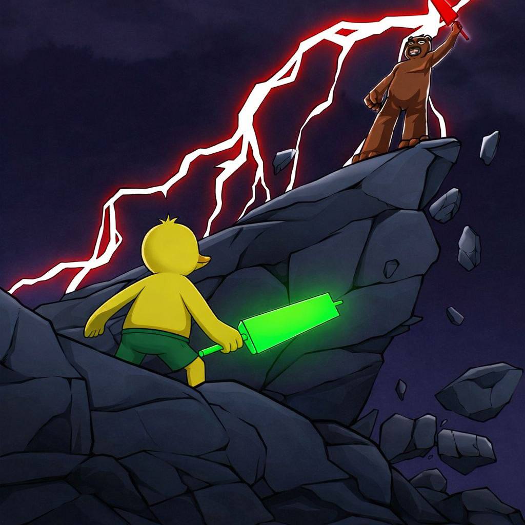 QUACKY climbing toward the bear