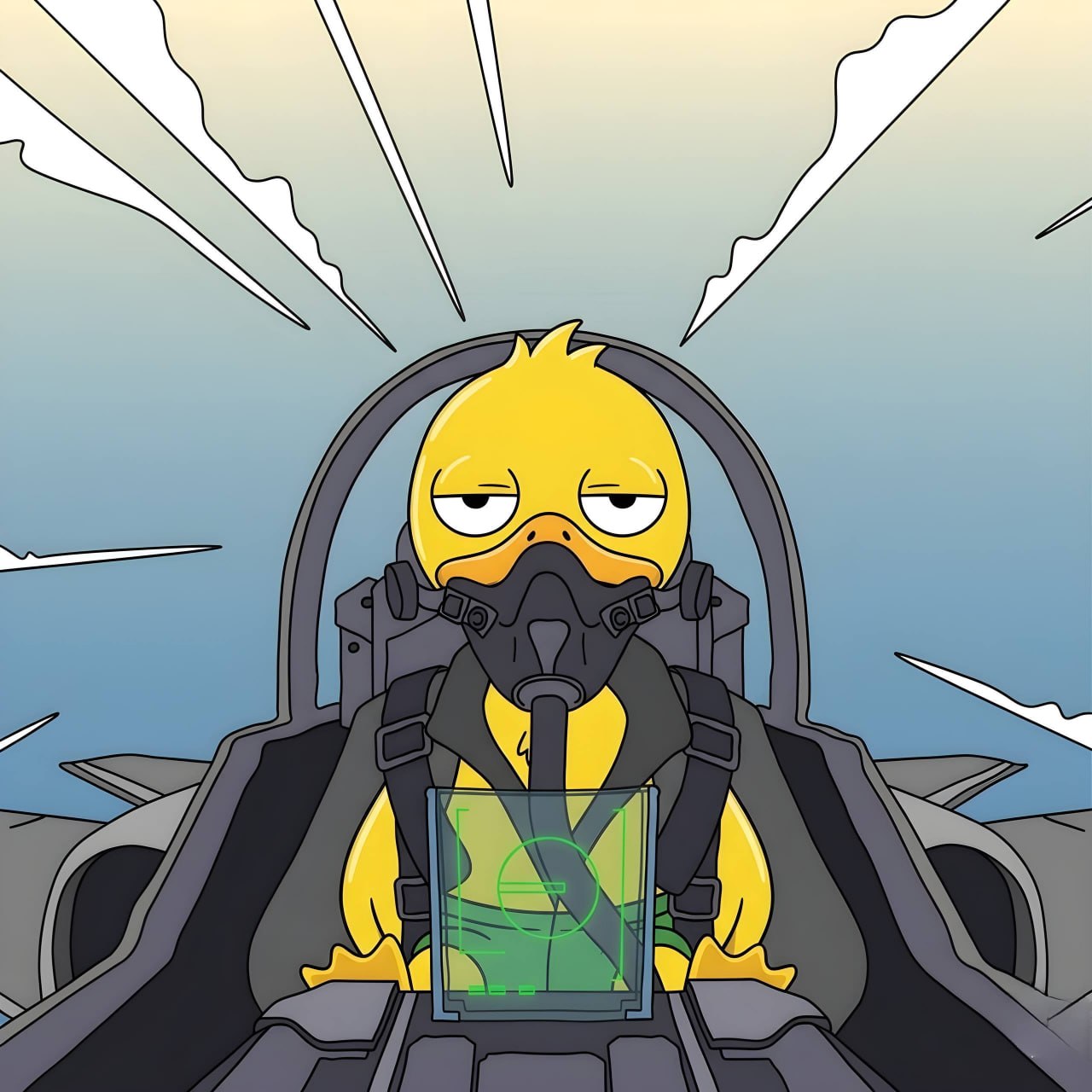 QUACKY flying a fighter jet