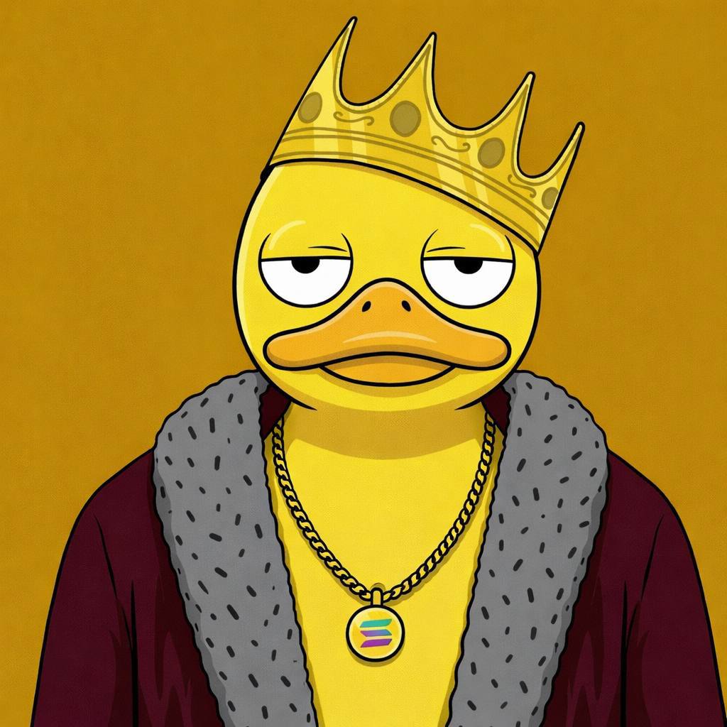 QUACKY wearing a crown and a Solana chain