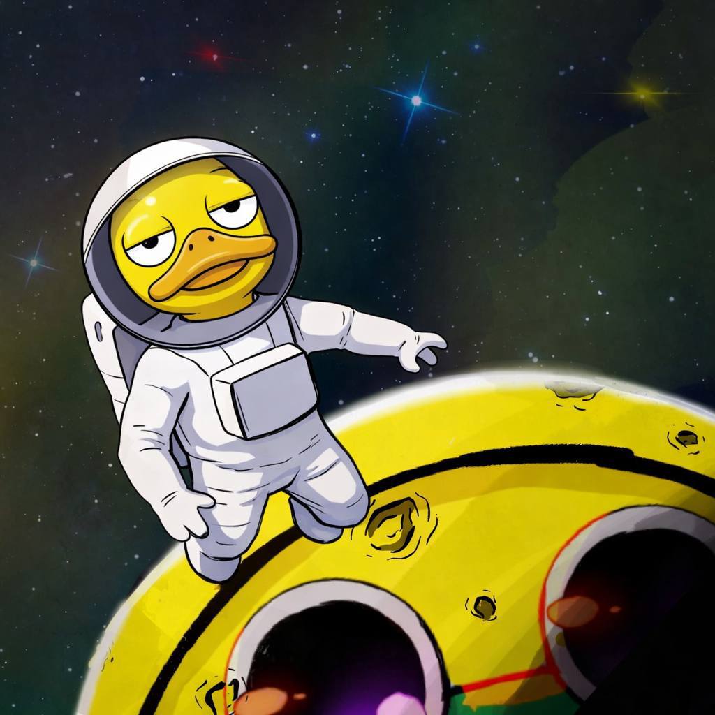 QUACKY floating over a duck-shaped moon