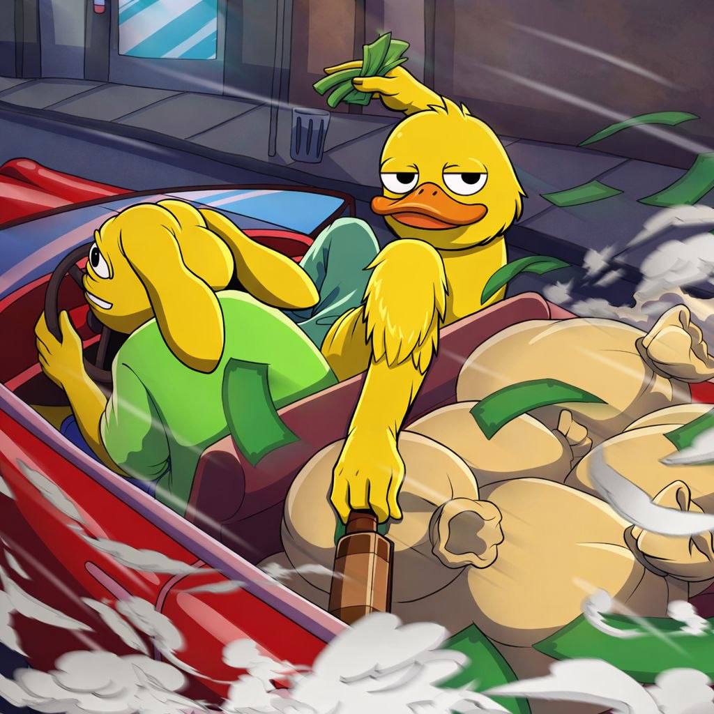 QUACKY driving away with the bag